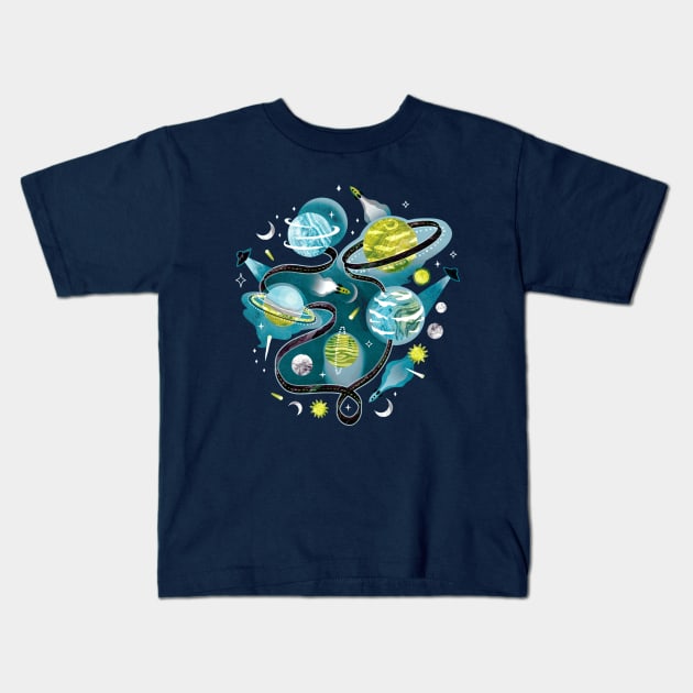 Highway to Intergalactic Alien Adventures - Green & Teal Kids T-Shirt by TigaTiga